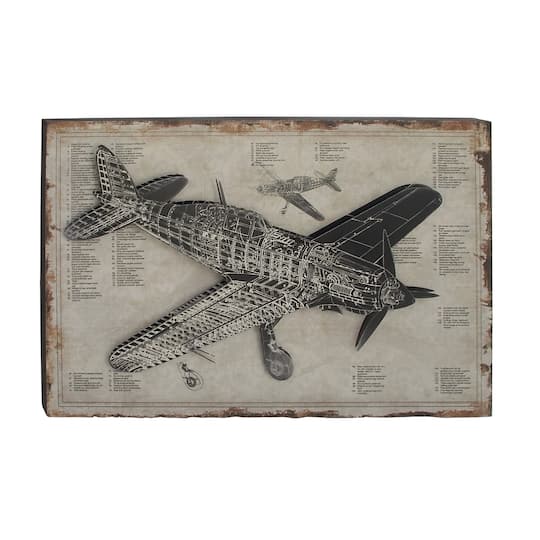 47" White Wood Industrial Plane Blueprint Wall Décor